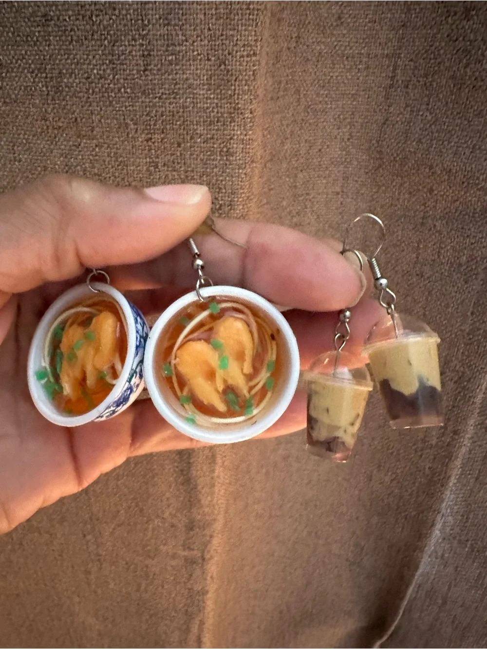 3D Harajuku Shrimp Pho Noodle Bowl & Iced Coffee Latte Drop Earrings Duo